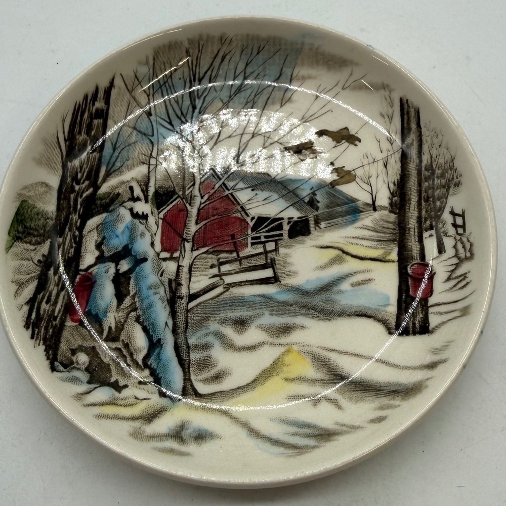Johnson Brothers England Vintage Ironstone Saucer Winter Scene Red Barn Snowy